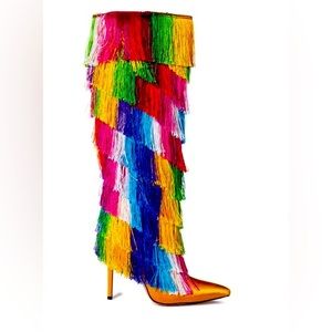 BRAND NEW AZALEA WANG BRING THE PARTY KNEE HIGH BOOT WITH RAINBOW FRINGE SZ 9
